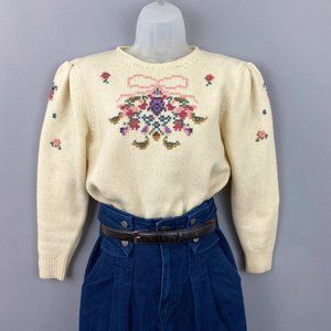 Vtg 80s Susan Bristol puff sleeves sweater sz S